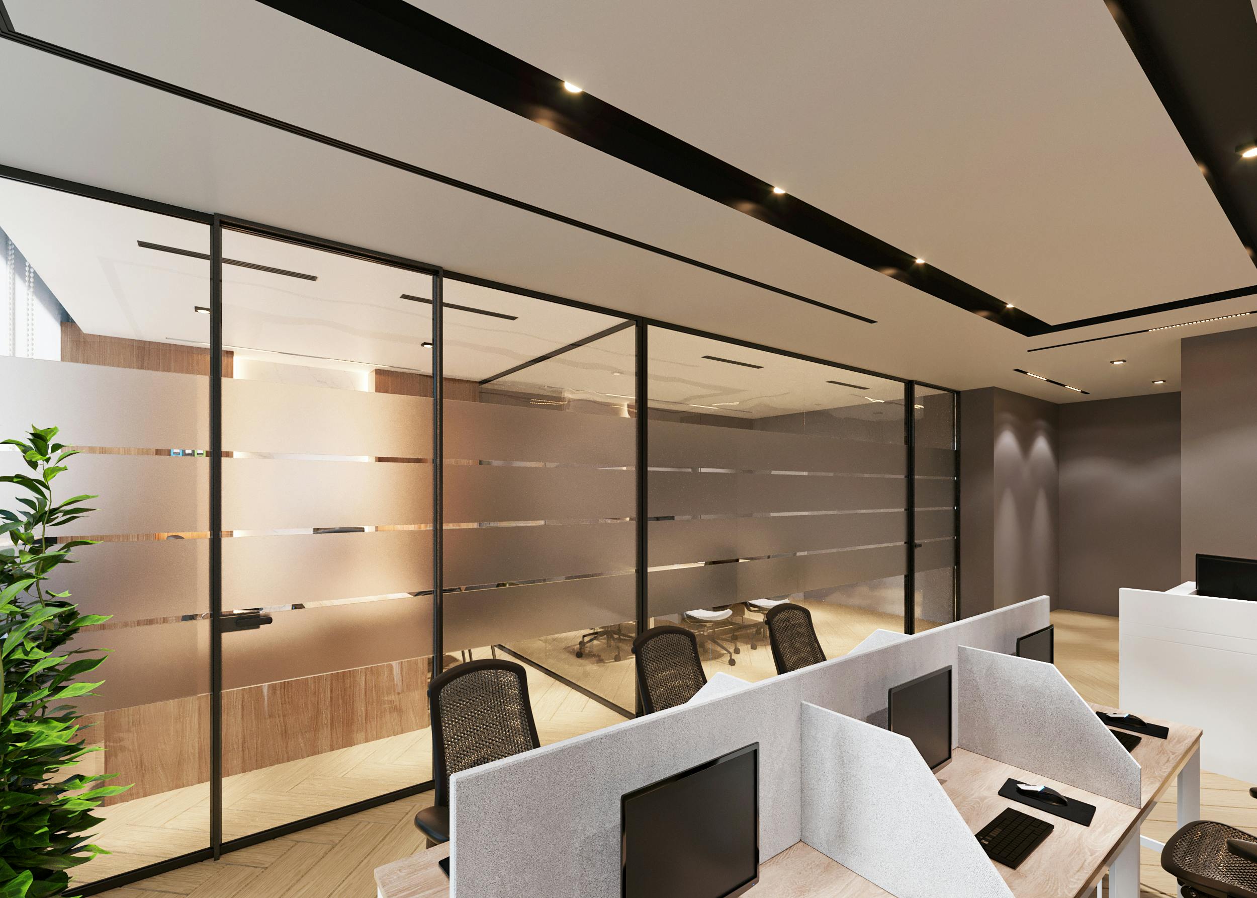 Contemporary office space featuring sleek cubicles and large glass partitions for an open ambiance.